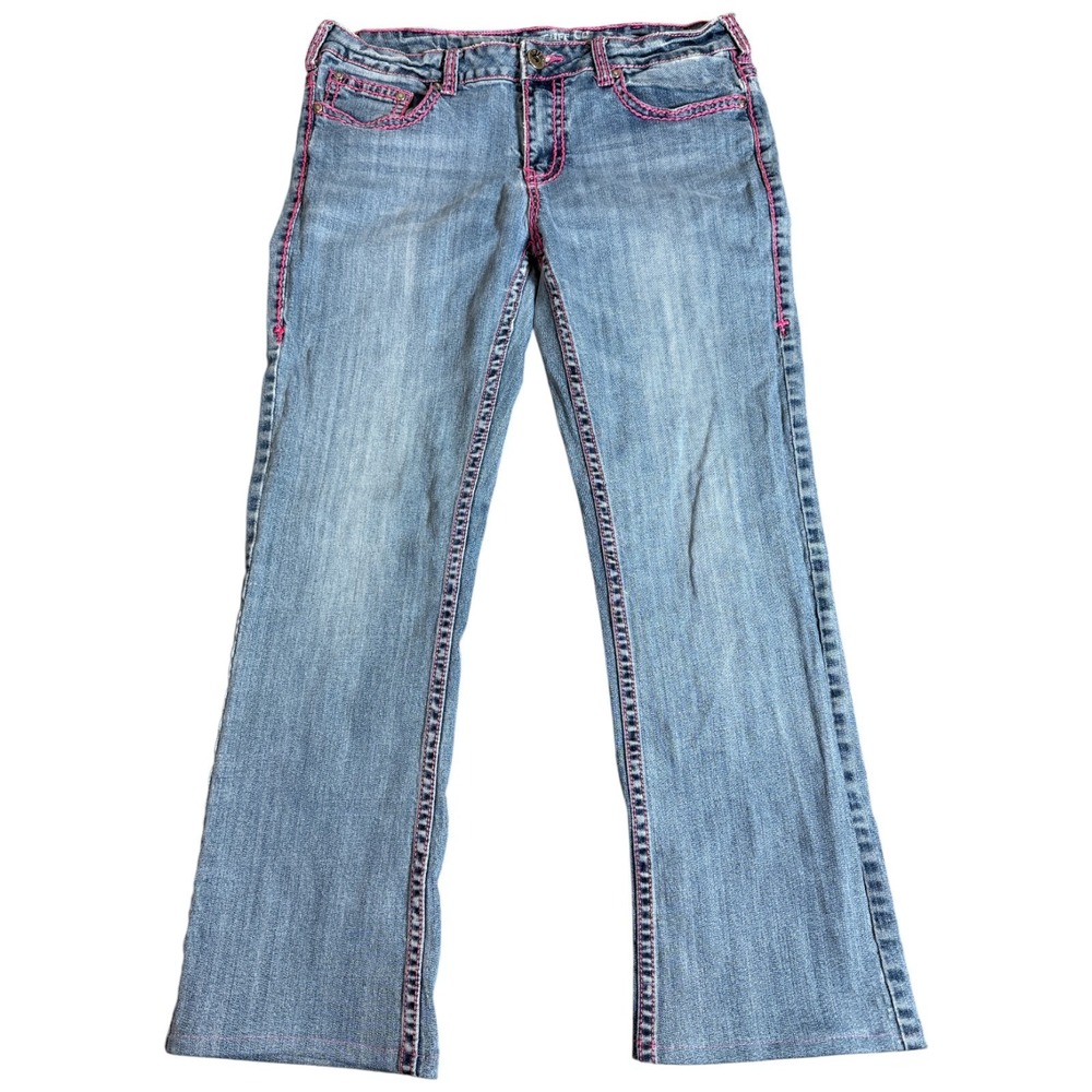 Cowgirl Tuff Jean Women 33x29 Blue Bootcut Med Wash Pink Thick Stitch Distressed